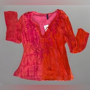 NWT 100% Silk Embroidered Long Sleeve V-Neck Boho Tunic Top ~XL~ Pink/Red/Orange